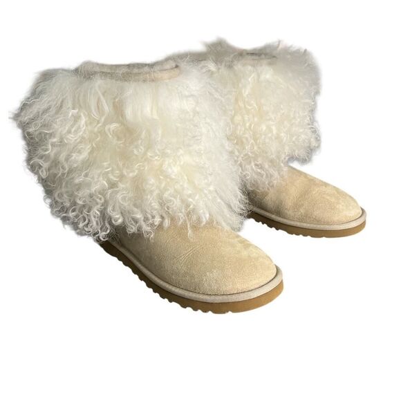 UGG Boots 6 Mongolian Fur Short Cuff Sheepskin Cream Ski Outdoor Worn Once - Picture 1 of 8